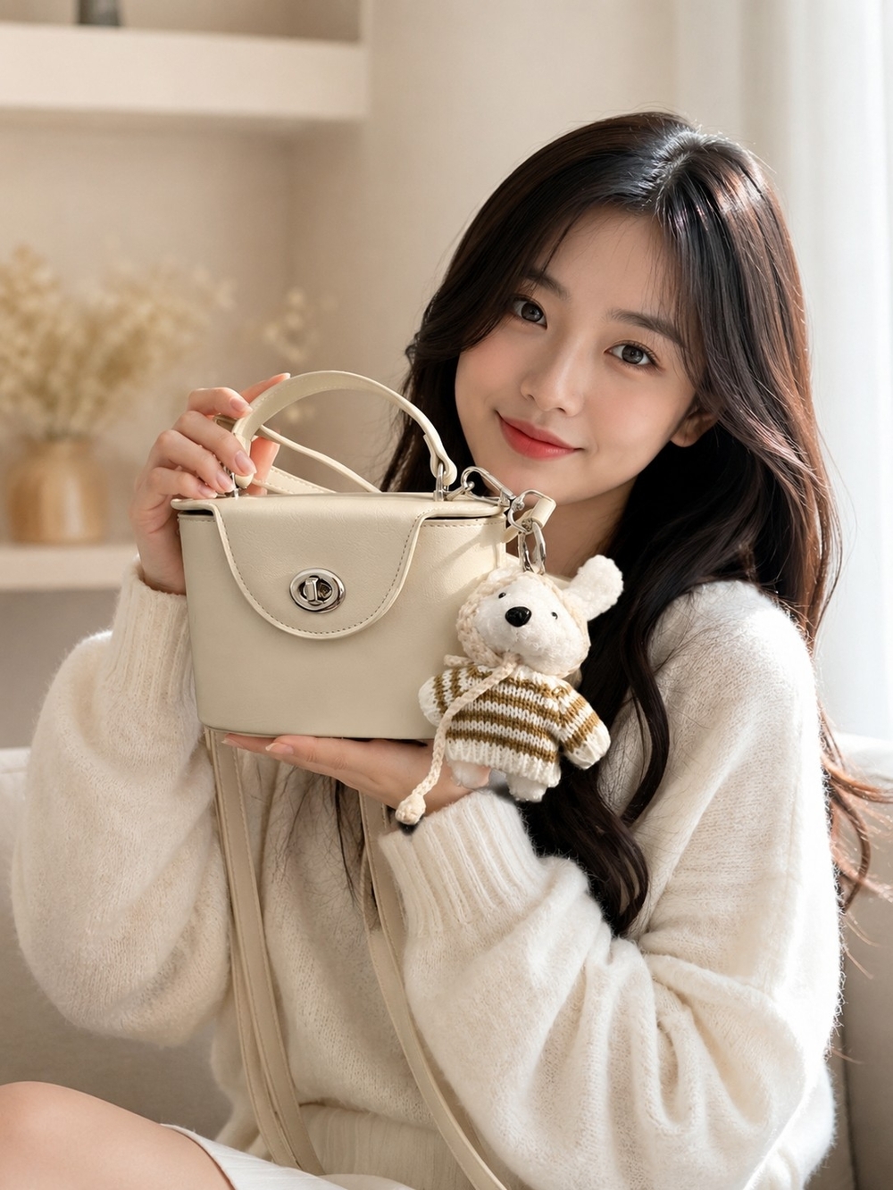 Elegant Cream Mini Crossbody Bag with Bear Charm Zara